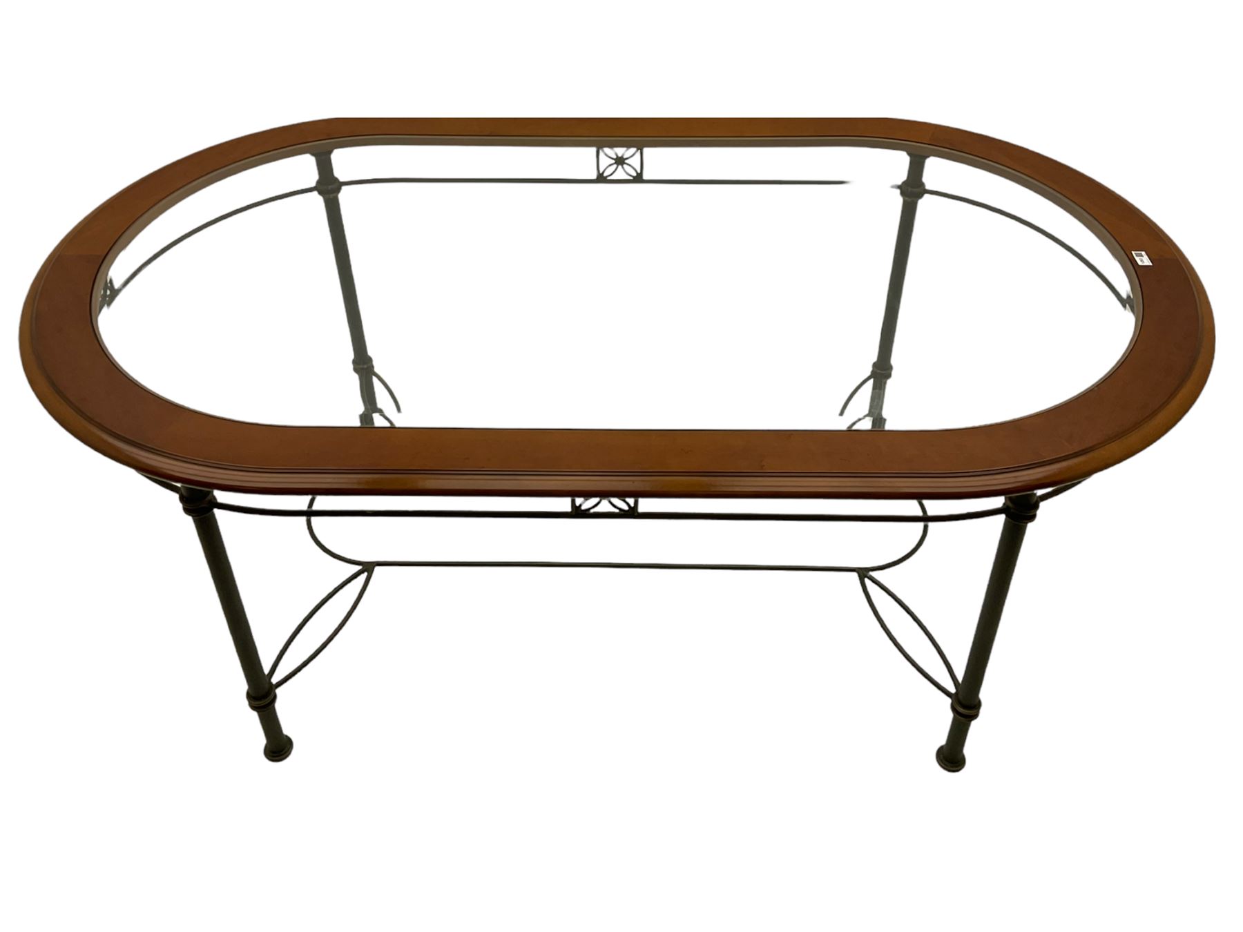 Ernest Menard - cherry wood and wrought metal dining table with glass top, and set six matching dining chairs