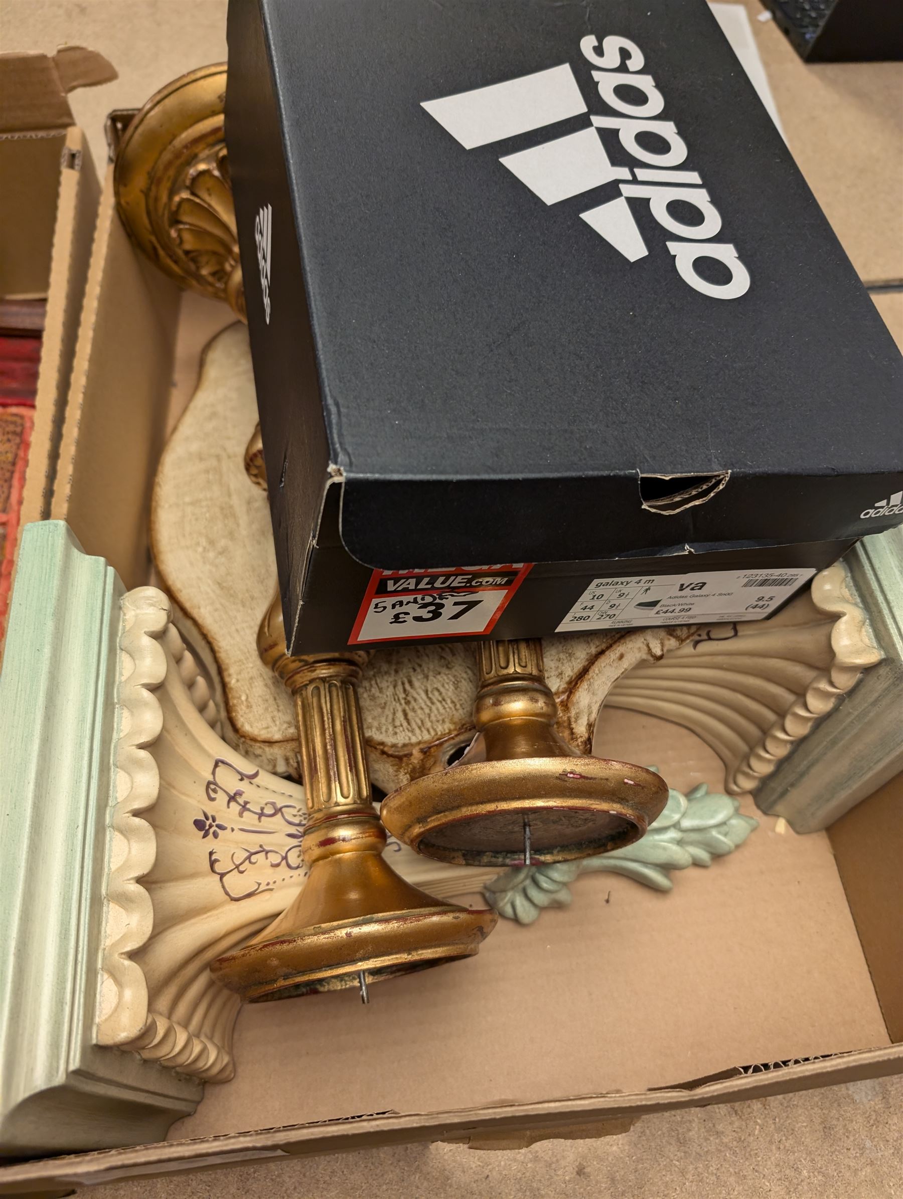 Pair of modern candlesticks in gilt finish, Chinese wooden waste paper basket, box of cutlery and other collectables