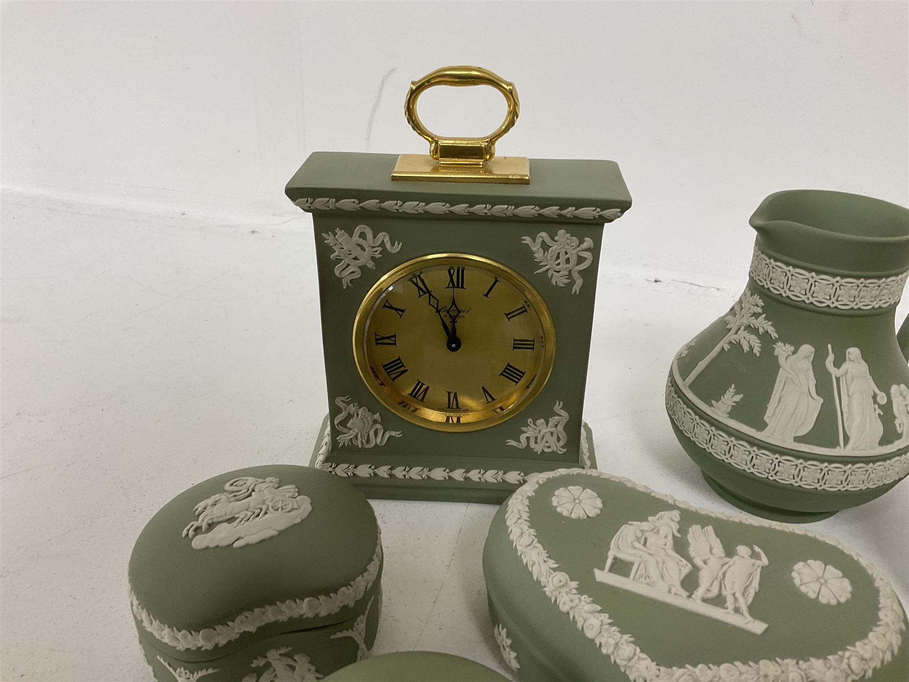 Group of Wedgwood sage green Jasperware, to include jug, vases, lidded boxes, dishes etc