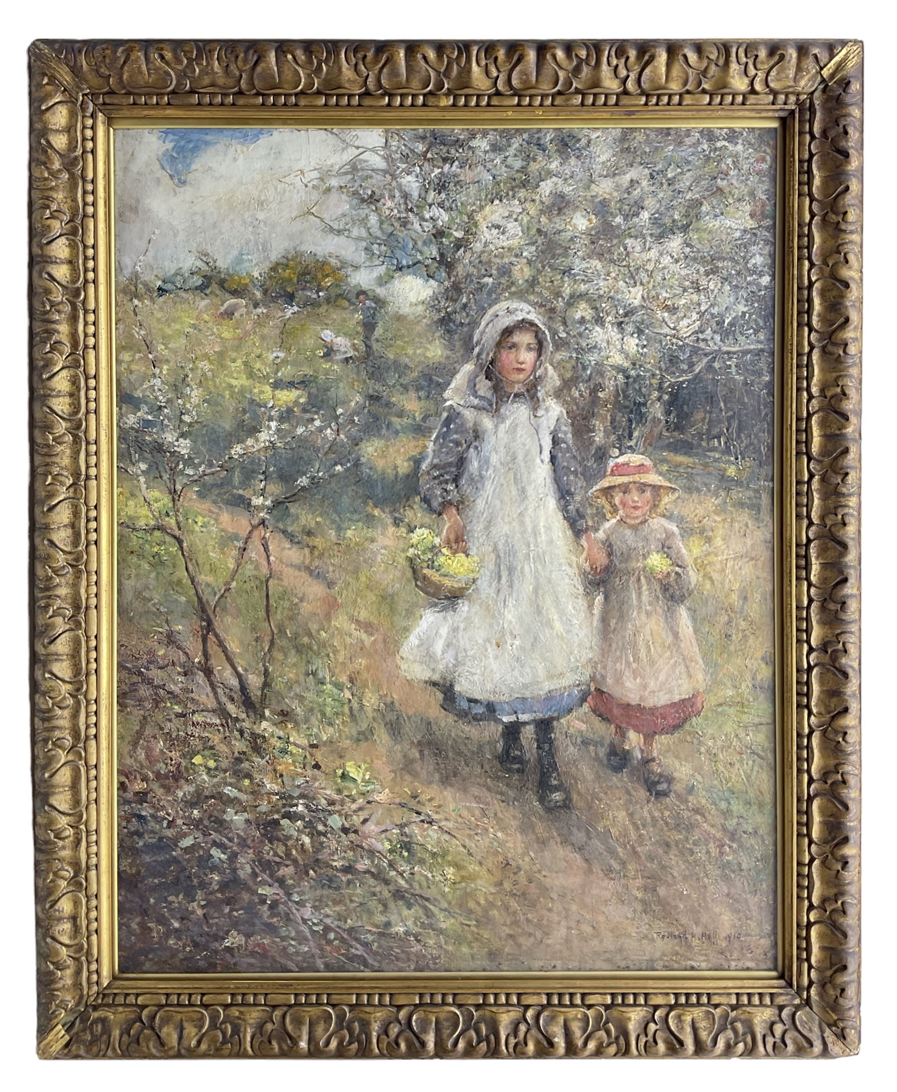 Rowland Henry Hill (Staithes Group 1873-1952): 'April' - The Primrose Gatherers, oil on canvas signed and dated 1910, original title label verso with artist's address 'Cannon Cottage, Runswick, Hinderwell' 90cm x 70cm
Provenance: in the same family ownership since the 1930s, this picture was probably the inspiration for the formation of an important collection of Staithes Group pictures by later generations. Surely one of the finest, and indeed largest, Rowland Hills ever to come on to the market.