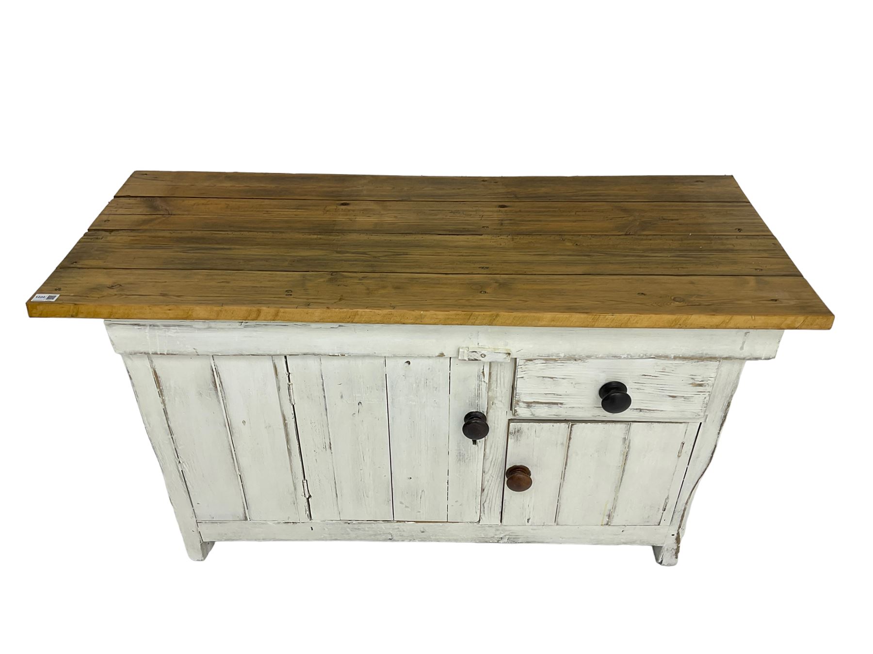 Distressed white painted pine sideboard, polished rectangular top over cupboards and drawer