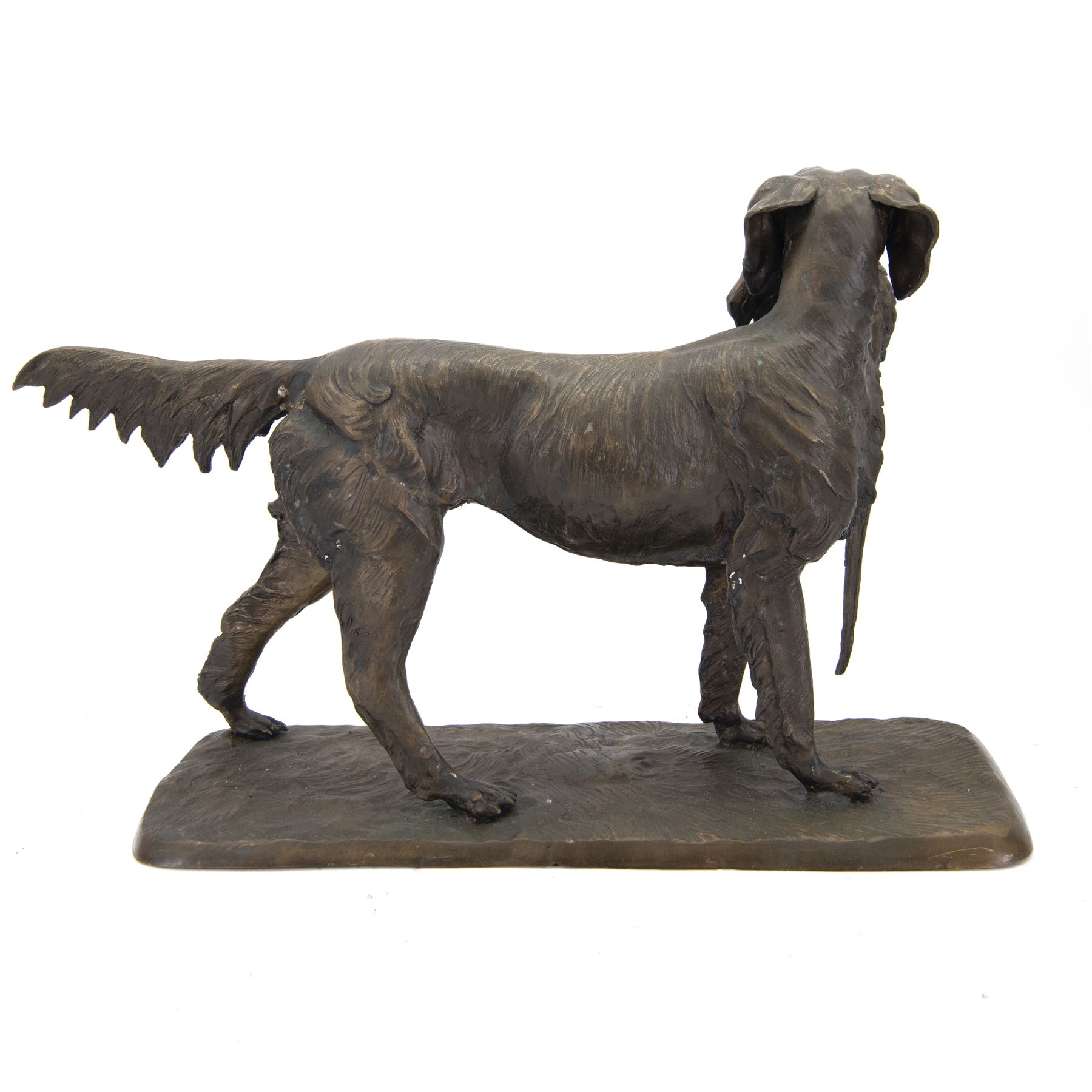 Bronze sculpture of a gundog retrieving a pheasant, finely cast with detailed coat and featherwork, mounted on a textured rectangular base