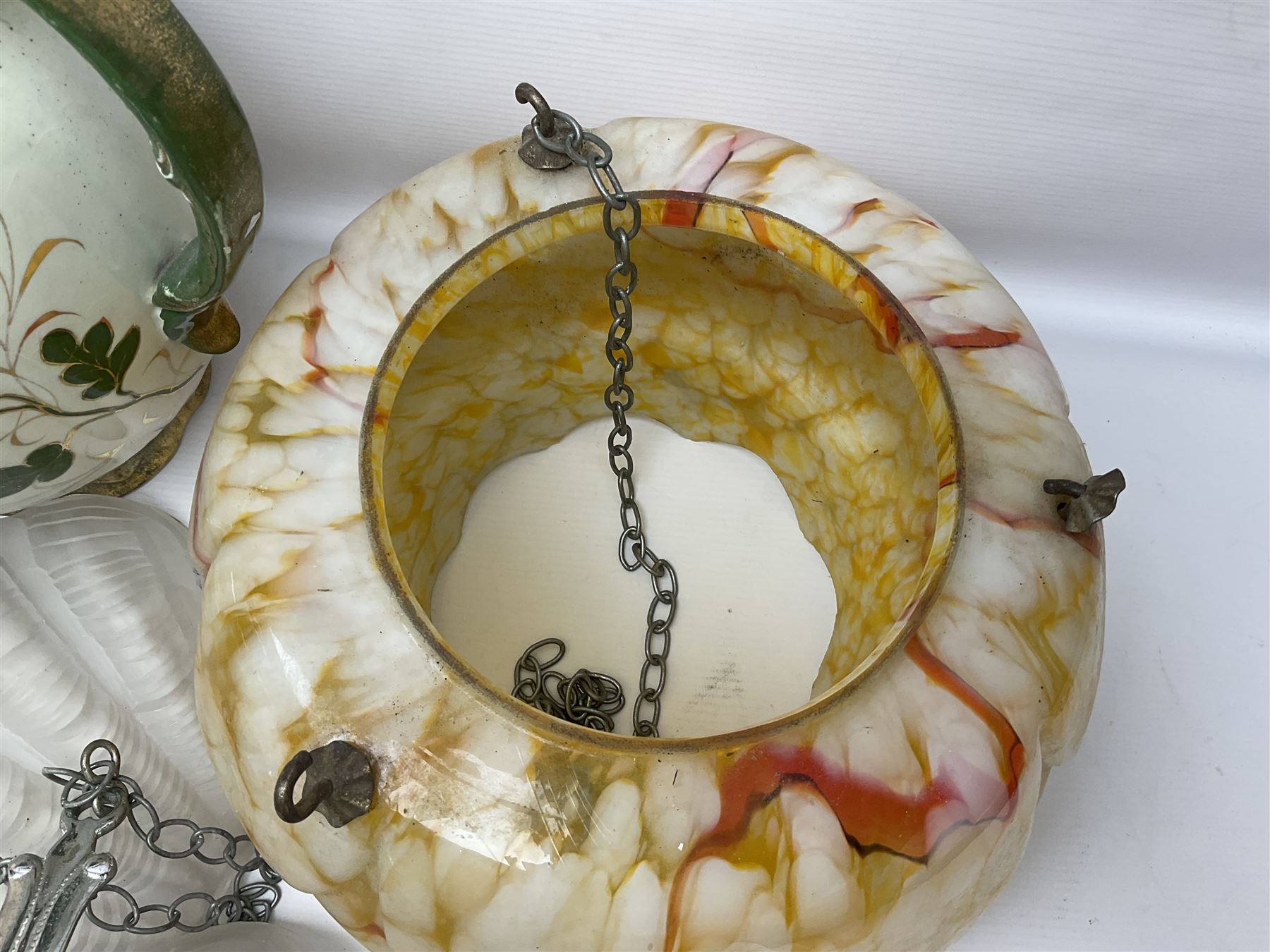 Two Art Deco mottled glass fly catcher ceiling light shades, together with two other 1930s moulded glass ceiling light shades and two Victorian style wash jugs, largest shade D33cm