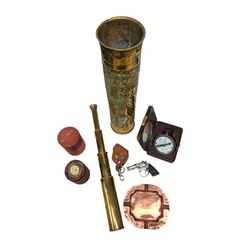 Trench art vase, copper ashtray with HMS Eskimo engraving, Dollond compass, brass three drawer telescope, pistol lighter etc