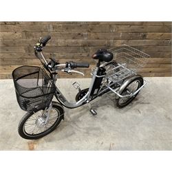 Alpine electric tilt trike - power assisted with throttle (no need to pedal), 15.5mph with 40 mile range, only 37 miles from new, silver finish, removable battery with charger, YoungDo gell seat with cover, £2749 new.