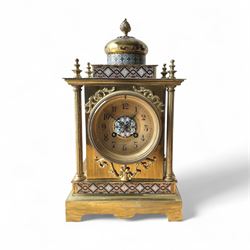 French- Early 20th century 8-day brass and cloisonné  mantle clock c.1910, with a cloisonn...