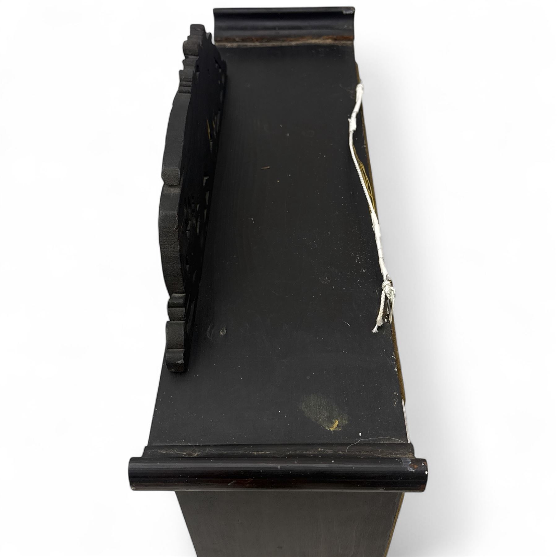 Early 20th century Japanese Meiji style carved hardwood cabinet, of symmetrical tiered form with pierced foliate fretwork panels and phoenix crest, fitted with sliding and hinged doors inset with hand-painted landscape panels depicting Mount Fuji, waterfalls, and lakeside dwellings, raised on shaped bracket supports