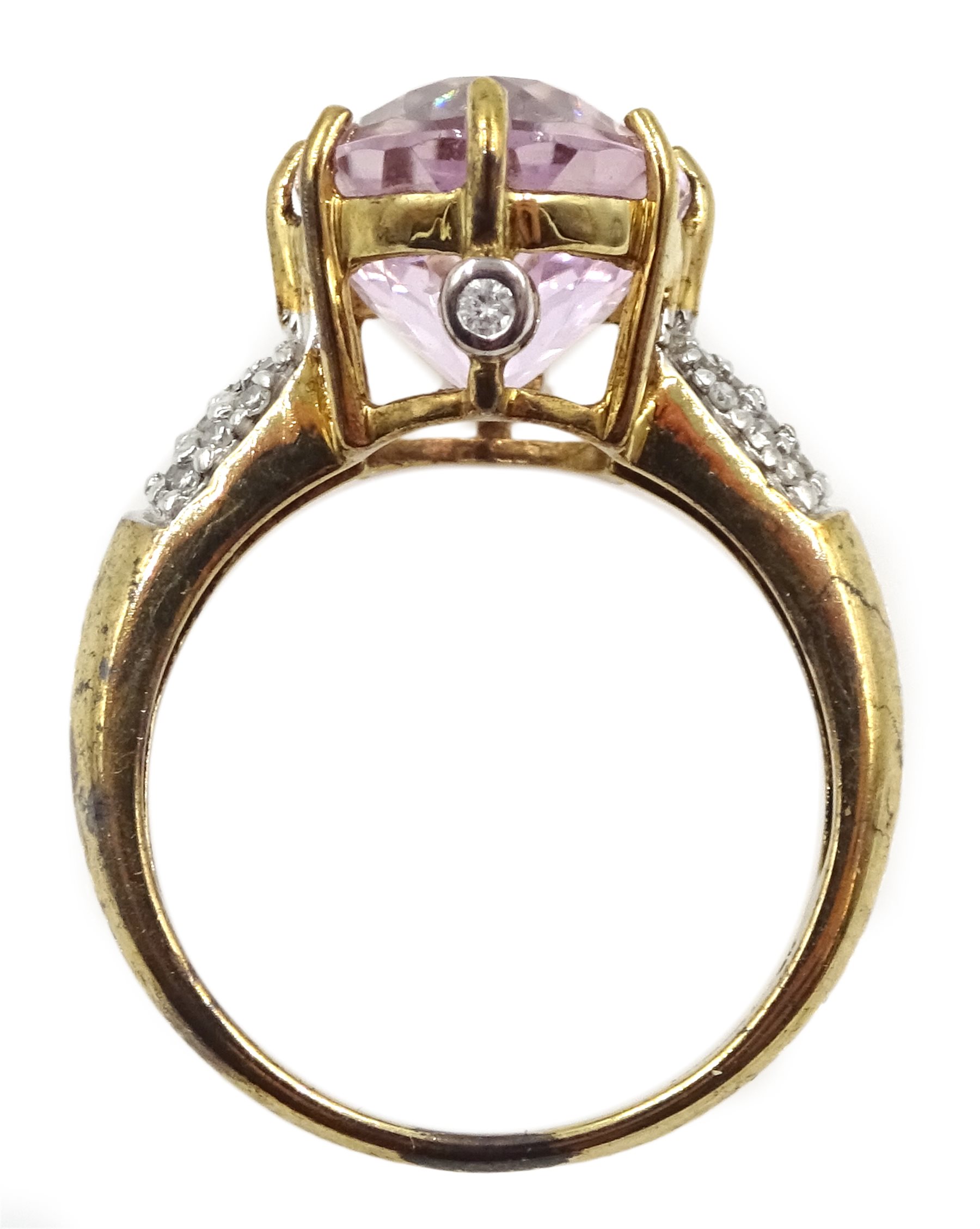 9ct gold oval kunzite ring with diamond set shoulders and gallery,  hallmarked