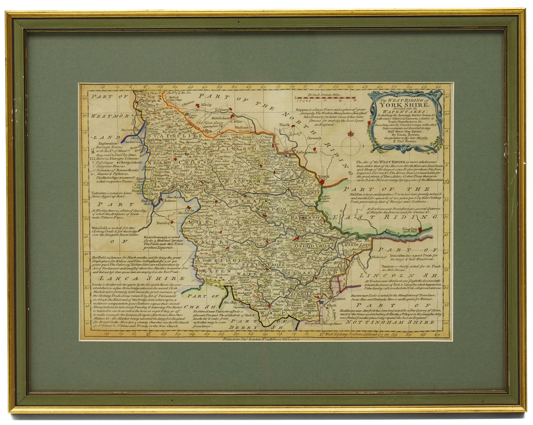 Emanuel Bowen (British 1694-1767): 'Yorkshire Divided into its Ridings' 'North Riding of Yorkshire' 'West Riding of Yorkshire' and 'East Riding of Yorkshire', set of four 18th century engraved maps with hand-colouring pub. Thomas Kitchin c.1750, 24cm x 34cm (4)