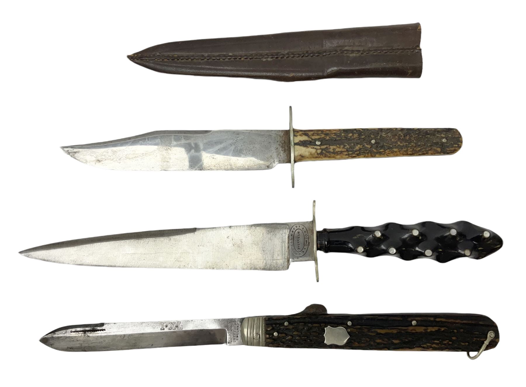 Hunting knife by J Nowill & Sons, Sheffield, the handle inset with mother of pearl, blade length 19cm; George Wolstenholme IXL lock-knife with antler scales L29cm open; and another Bowie style hunting knife marked 'V.R. Warranted Sheffield Joseph Ellis & Sons' in leather sheath (3)