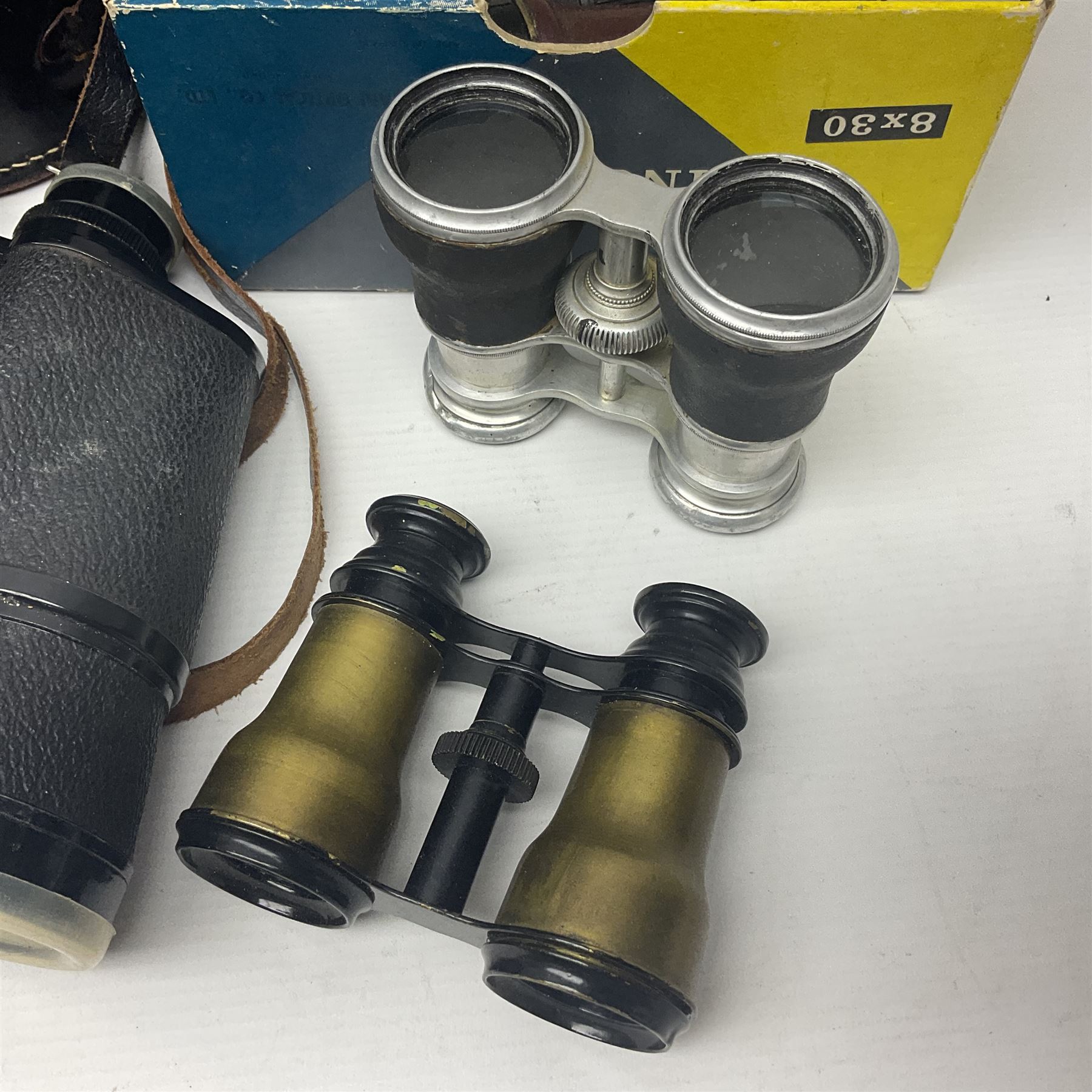 Pair of Asahi Pentax Prism binoculars, a pair of Dolland binoculars, other binoculars, including cased examples and a Miranda Pro 3 tripod