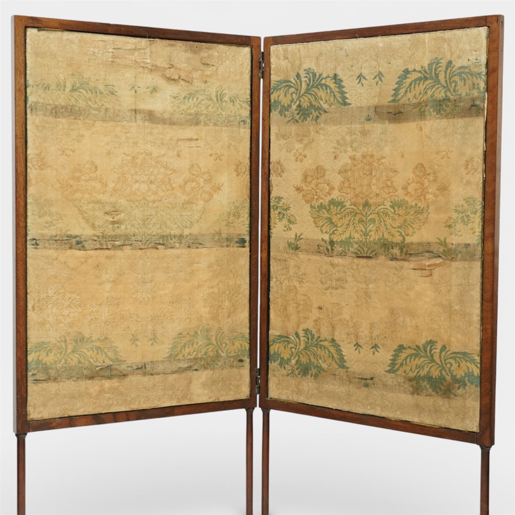 19th century mahogany screen, two panels connected by hinges with teal and cream damask fabric, above a turned wood apron on turned supports