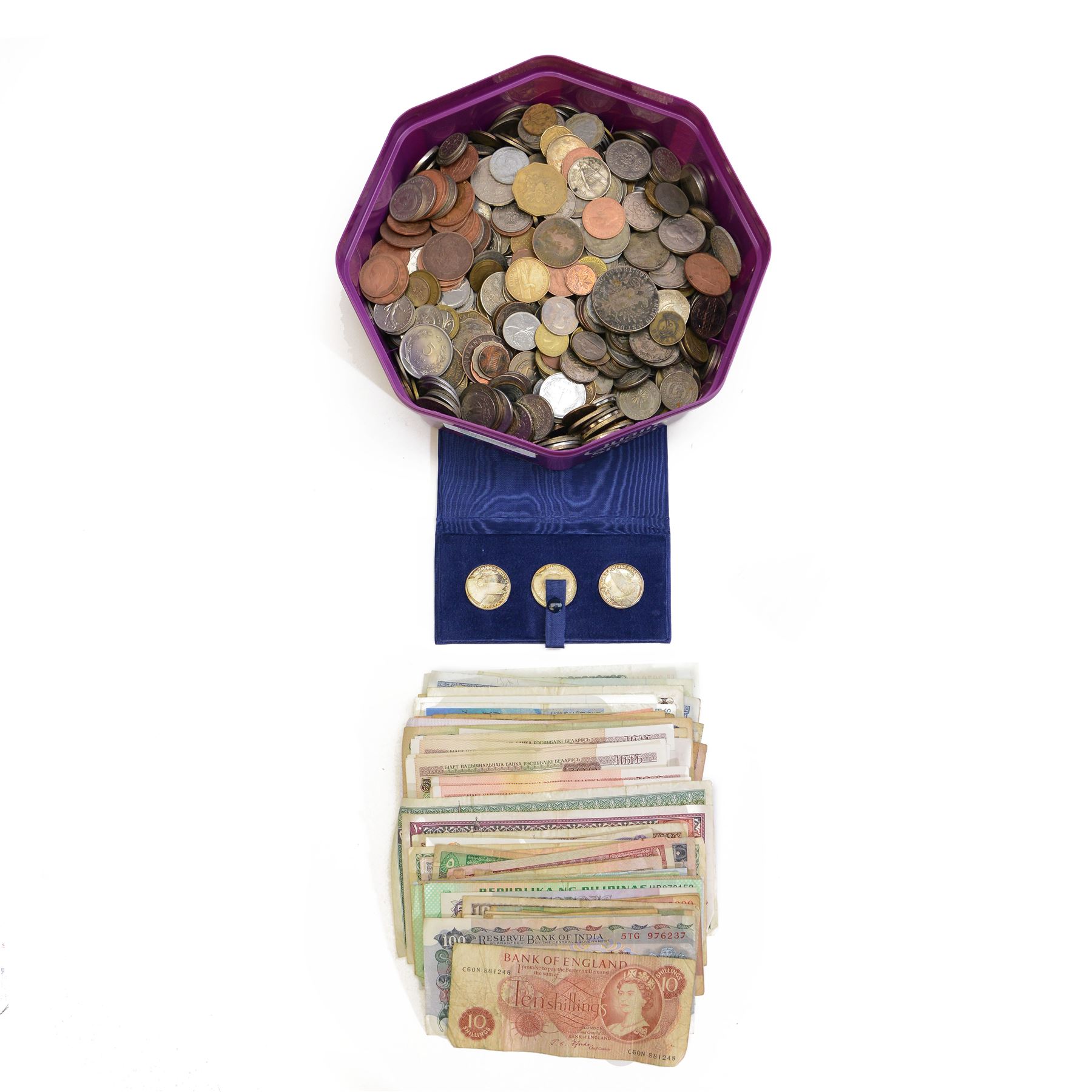Great British and World coins and banknotes, including Bank of England ten shillings note, various Cyprus notes, Maria Theresa silver restrike thaler, pre-Euro coinage, pre-decimal coinage etc
