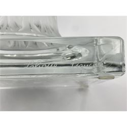 Large and impressive Lalique Versailles pattern glass vase, of classical baluster form with gadrooned flared rim, the body moulded in relief with fruiting vines above part fluting, upon a spreading circular foot with moulded decoration, and plain square plinth base, signed Lalique France to side of plinth, overall H35cm, with original box 