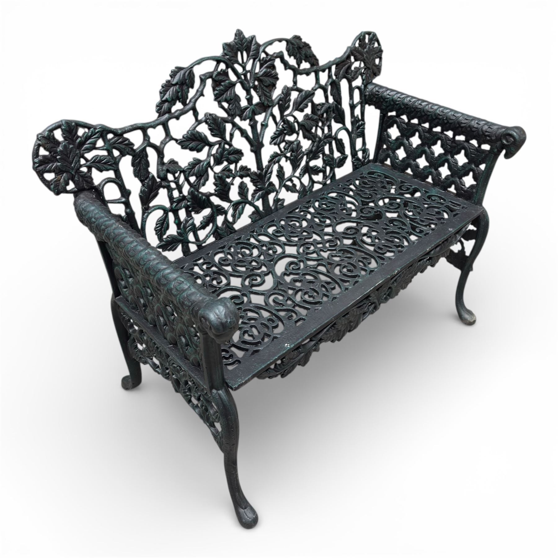 Coalbrookdale style - cast iron garden bench, with pierced foliate back, rams head arms, raised on cabriole legs, finished in green paint.