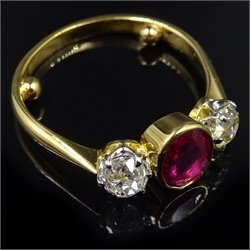  Burmese ruby and diamond three stone gold ring, ruby approx 1.1 carat  