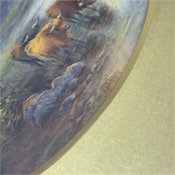 Pair of turn of the century Royal Worcester oval porcelain plaques painted by John Stinton, the first example depicting highland cattle watering against misty mountains, titled 'Loch Lomond' verso, the second depicting cows watering before a bridge with church in the distance, titled 'Bakewell Bridge Derbyshire', each signed J Stinton, each with puce printed mark verso, and date codes for 1899 and 1900, each contained within gilt frame with mount, plaques approximately 14.5cm x 23cm, overall 29.5cm x 38cm