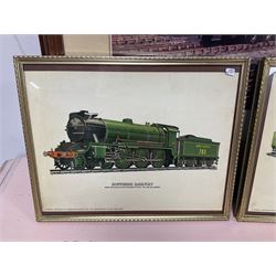 After Peter Owen Jones (British 20th century), 'Scots Guardsman'; limited edition colour print signed in pencil, together with three colour prints of early 20th century steam trains (4)