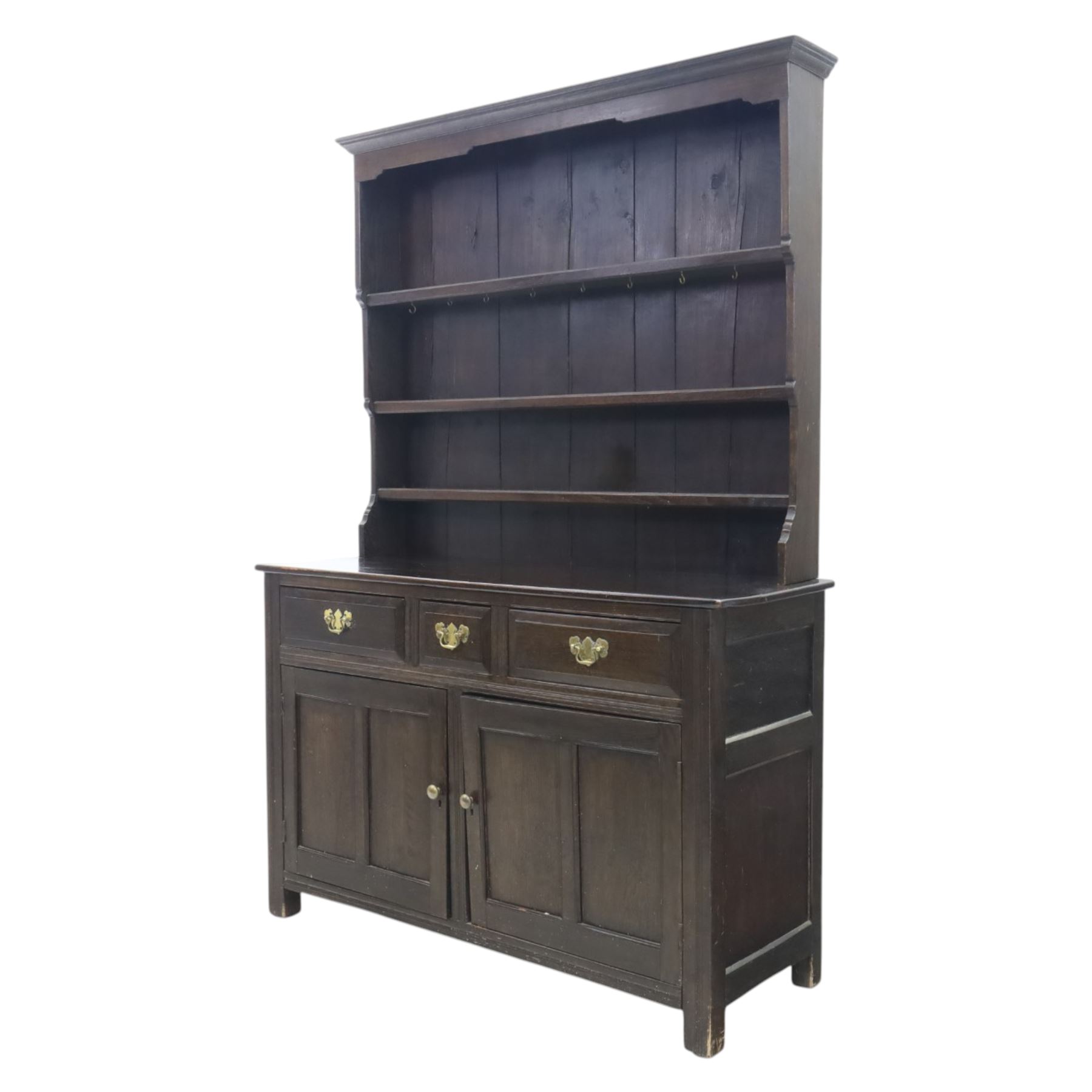 Georgian design oak dresser and rack, fitted with three drawers and two cupboards, complete with three tier plate rack