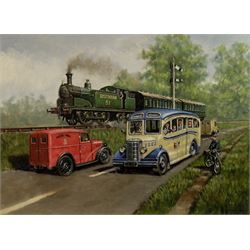 Robert Nixon (British 1955-): Southern Railway local train passing a Bedford OB Coach in the 1940's, oil on canvas board signed and dated '21, 45cm x61cm