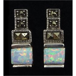 Pair of silver rectangular opal and marcasite stud earrings