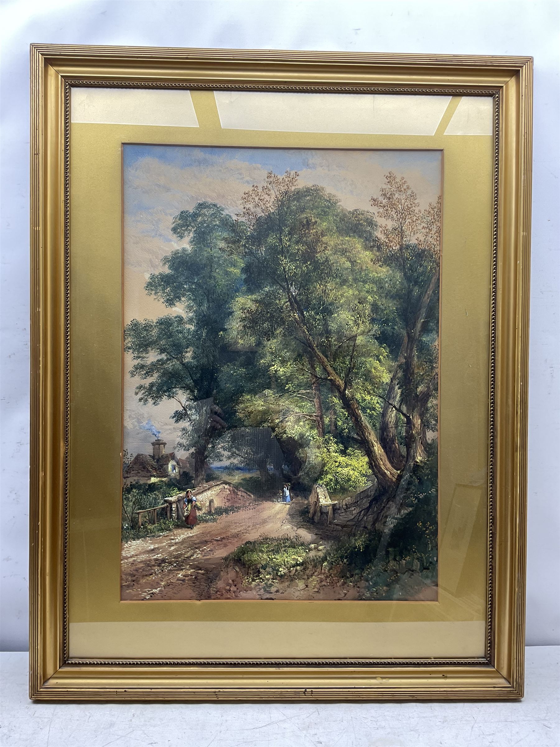 Thomas Robert Colman Dibdin (British 1810-1893): Figures Crossing a Bridge on a Wooded Country Lane, watercolour signed and dated 1868, 75cm x 53cm
