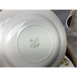 Collection of tea and dinner wares, to include Crown Clarence wares, two Maling cups and saucers, etc,  together with three Foley twin handled urns etc, in three boxes