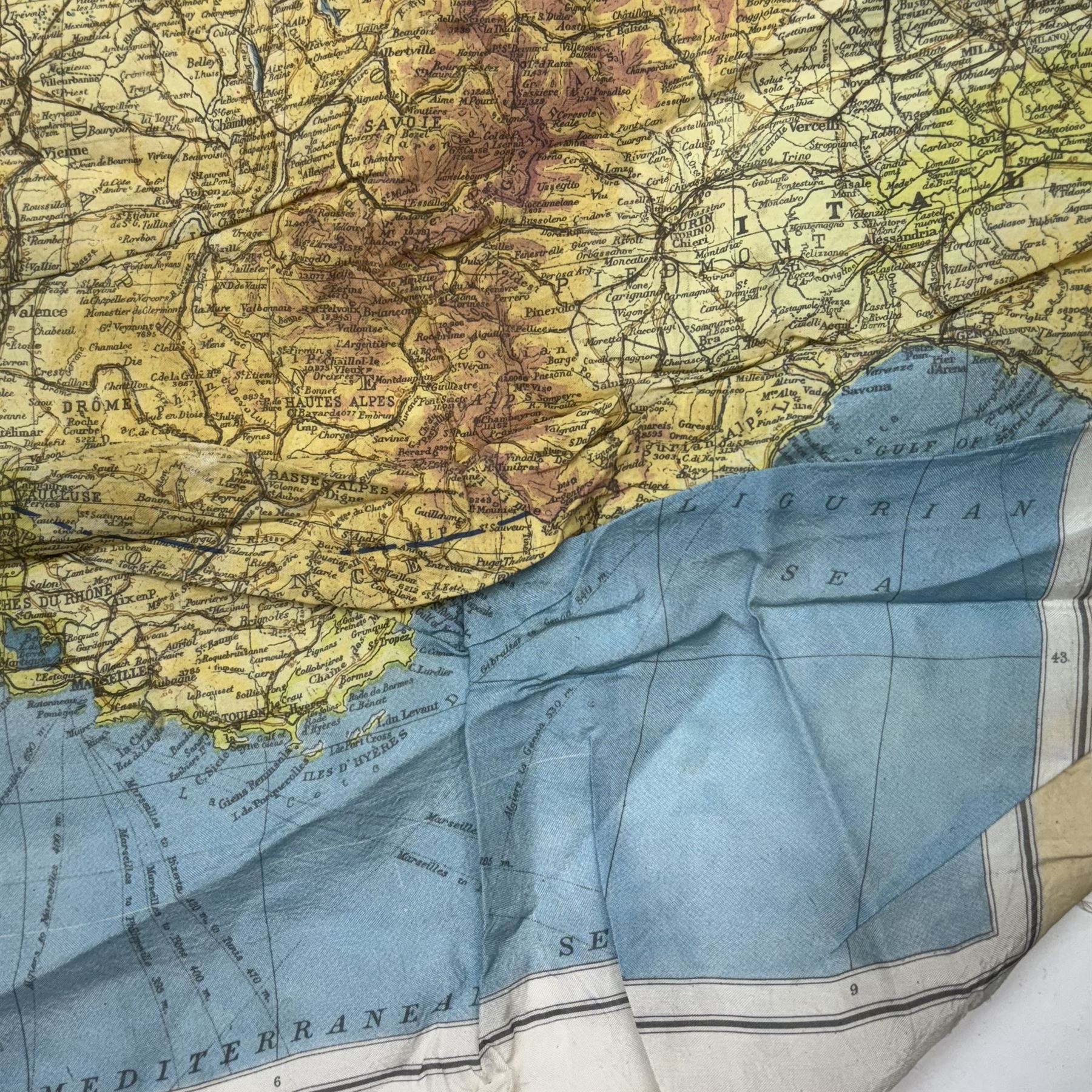 WWII British Parachute Regiment Escape and Evasion Silk Map, covering 'Zones of France', second edition H51cm