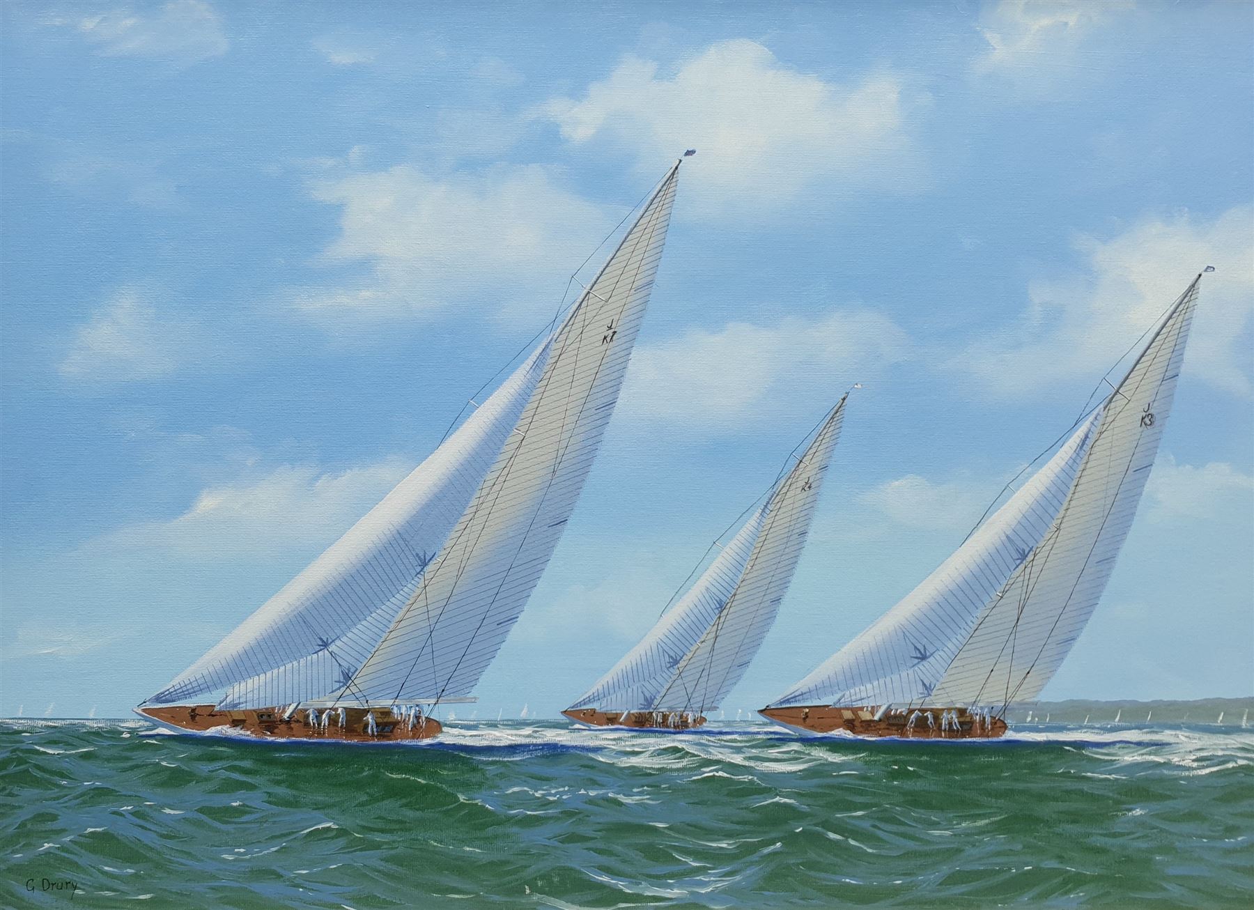 George Drury (British 1950-): J Class Yachts 'Velsheda' 'Endeavour' and 'Shamrock V 1935', oil on canvas board signed, titled verso 42cm x 57cm