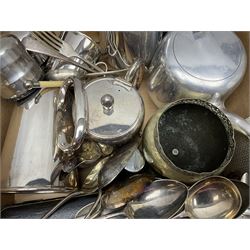 Collection of silver plate to include teapots, coffee pots, milk jug, sucrier, serving spoons, etc, together with pewter tankards 