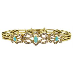 Early 20th century 15ct gold turquoise and seed pearl bracelet