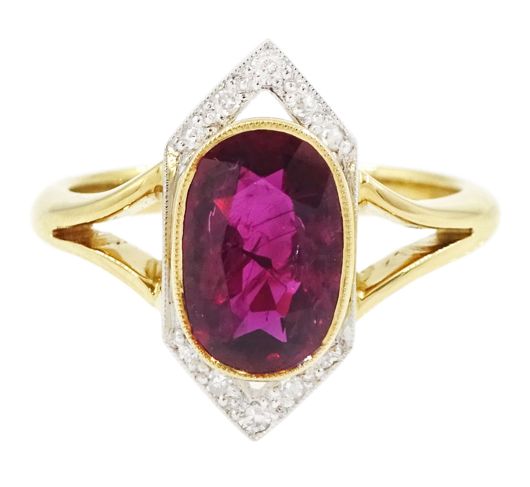 18ct and platinum ruby and diamond ring, single oval cut ruby of approx 2.26 carat, with old cut diamond surround, set within a milgrain navette shaped border, London 2019, total diamond weight approx 0.15 carat, with Alan Poultney Gems report