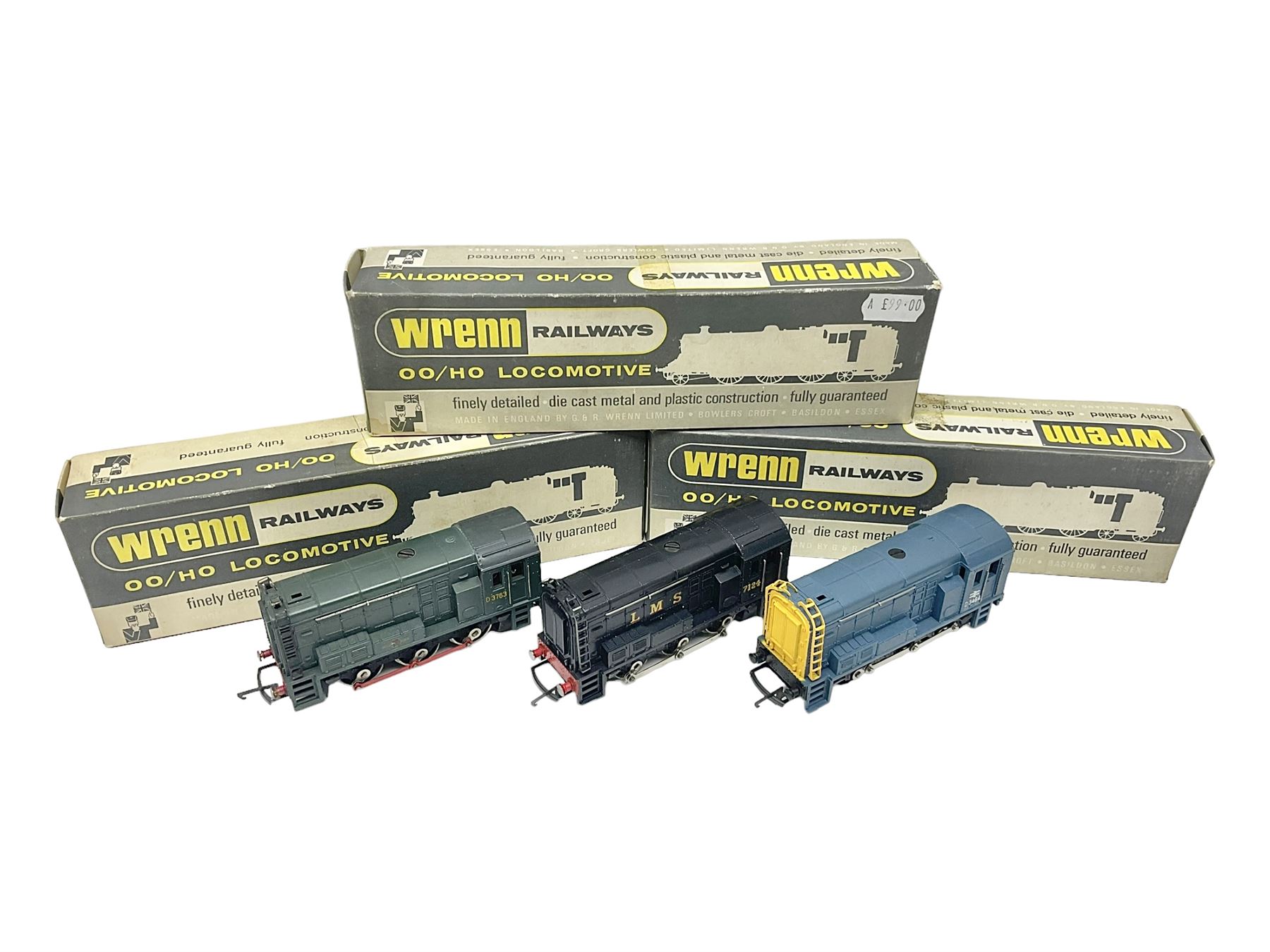 Wrenn '00' gauge - three Class 08 0-6-0 Diesel Shunting locomotives - No.7124 in LMS Black; No.D3464 in BR Blue; and No.D3783 in BR Green; all boxed with instructions (3)