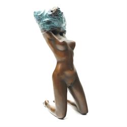 Bronze figure, modelled as a nude woman removing her shirt, signed Milo, H17cm