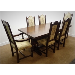  Jaycee oak refectory style extending dining table on carved supports (W275cm, H77cm, D92cm) and a set of six (4+2) high back dining chairs, upholstered splat and seat (W57cm)  