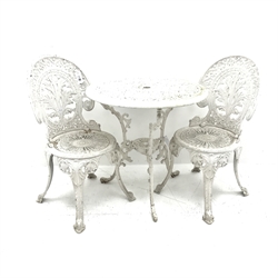 White painted wrought metal garden table (D69cm, H69cm) and two ornate chairs (W45cm)