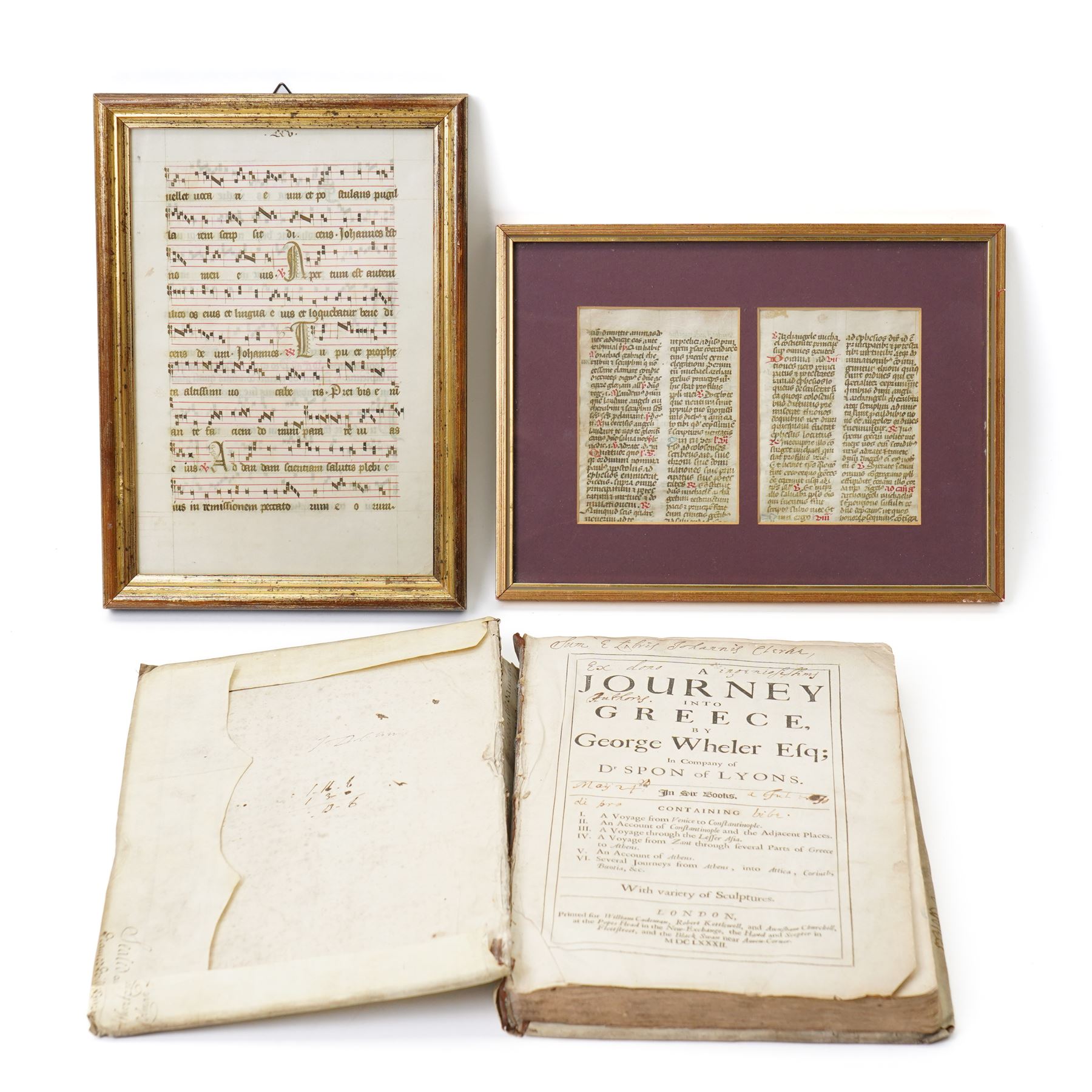 Wheler, George - 'A Journey into Greece' in company of Dr Spon of Lyons, printed for William Cademan et al, first edition 1682 ex libris Johannes Clarke in vellum covered boards, a double sided vellum page of music and a single sided vellum page, both in Latin and framed (3)