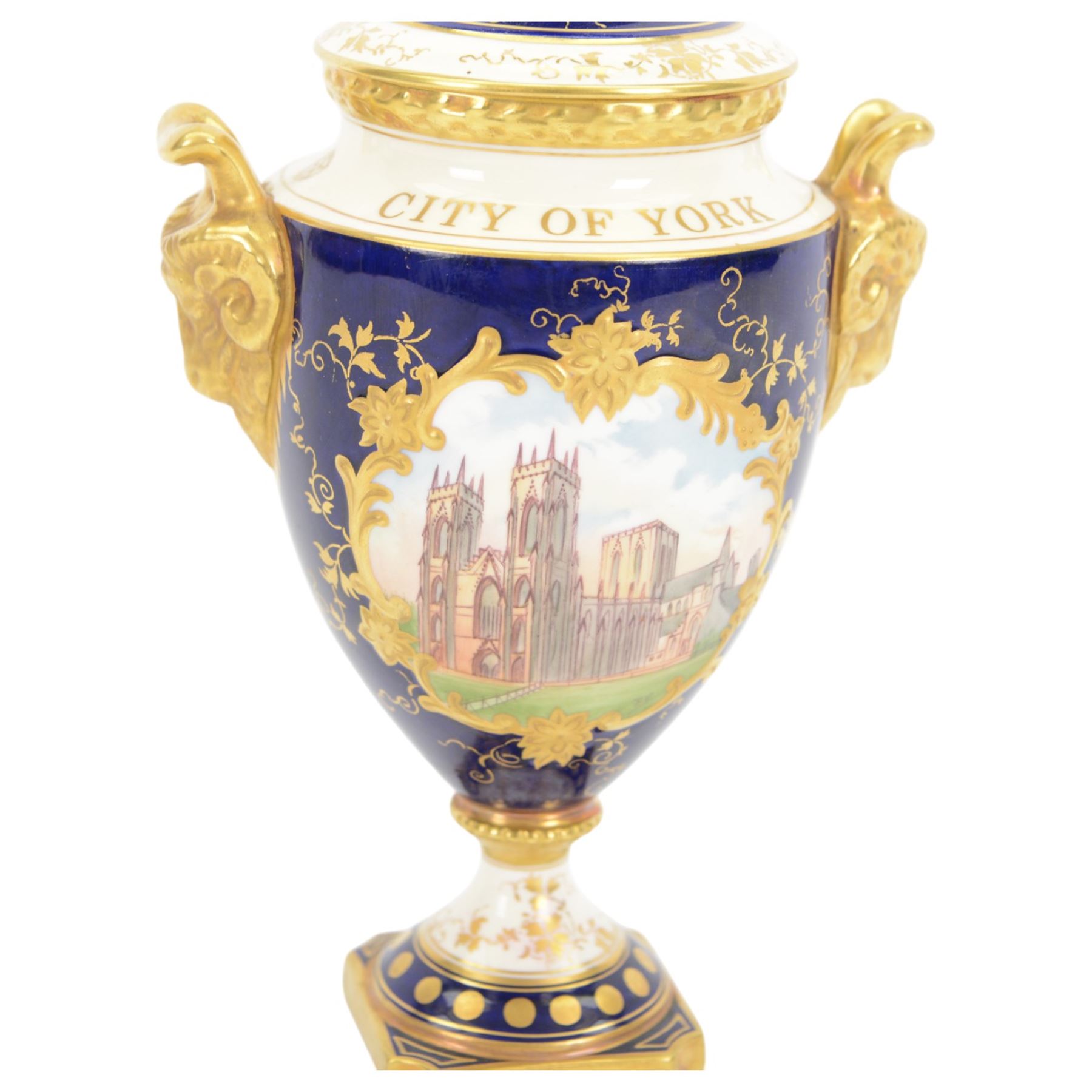 Coalport pedestal vase and cover, of ovoid form, painted by P Gosling, The City of York, commissioned by Mulberry Hall to Commemorate The 1000th Anniversary of the Founding of the City of York, printed mark beneath, H26cm