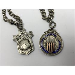 WW1 group of three medals comprising 1914-15 Star awarded to L-Cpl. W.J. Horspool R.War.R., British War Medal and Victory Medal awarded to A. Cpl. W.J. Horspool R.War.R.; WW1 British War Medal awarded to 3-8755 W.O.Cl.2. S. Paterson North'd Fus.; and hallmarked silver and enamel Northumberland Football Association Junior Cup Runners Up fob 1921-22 on silver chain (5)