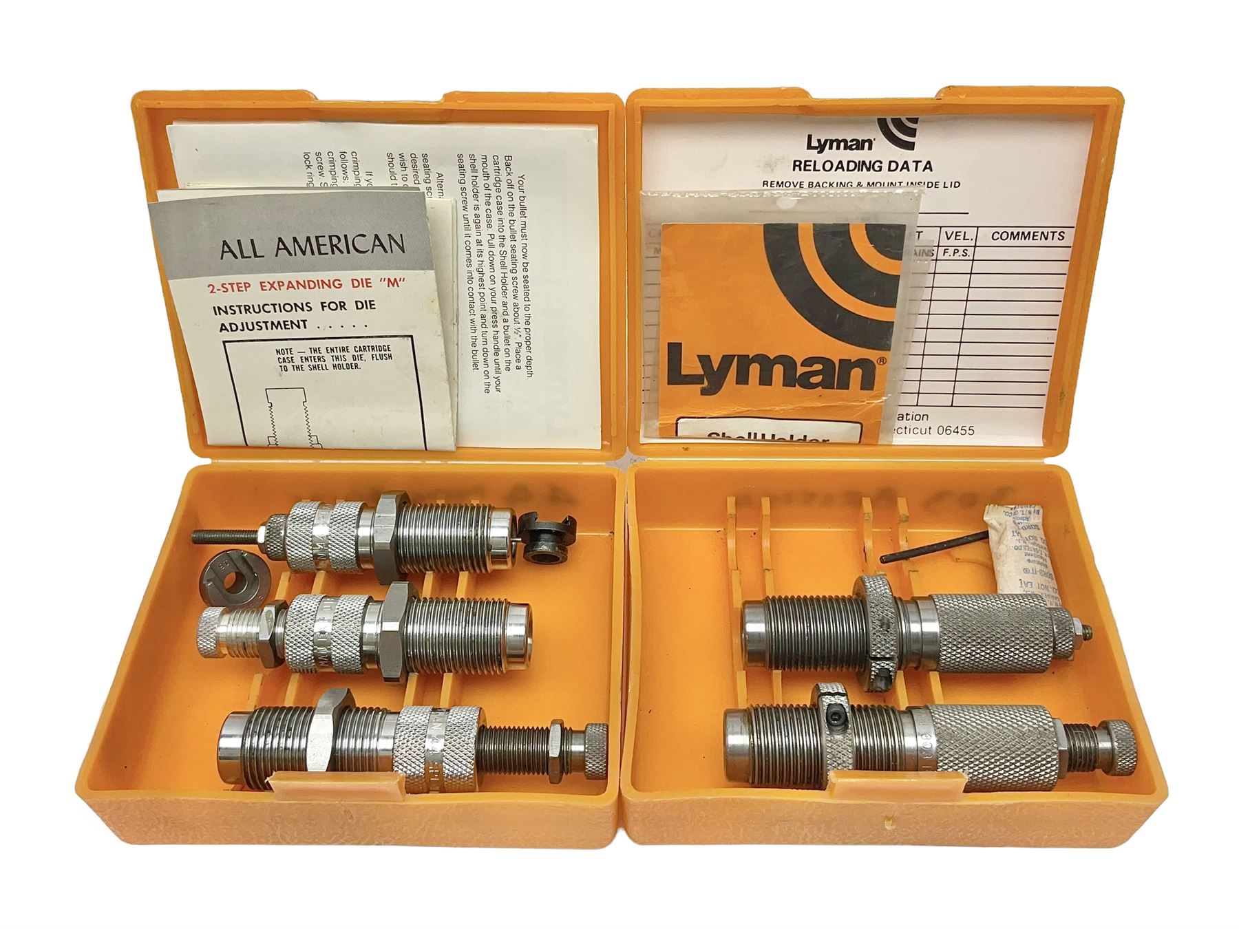 Two sets of reloading dies by Lyman comprising .303 British and  .44 Magnum; both in original boxes with paperwork