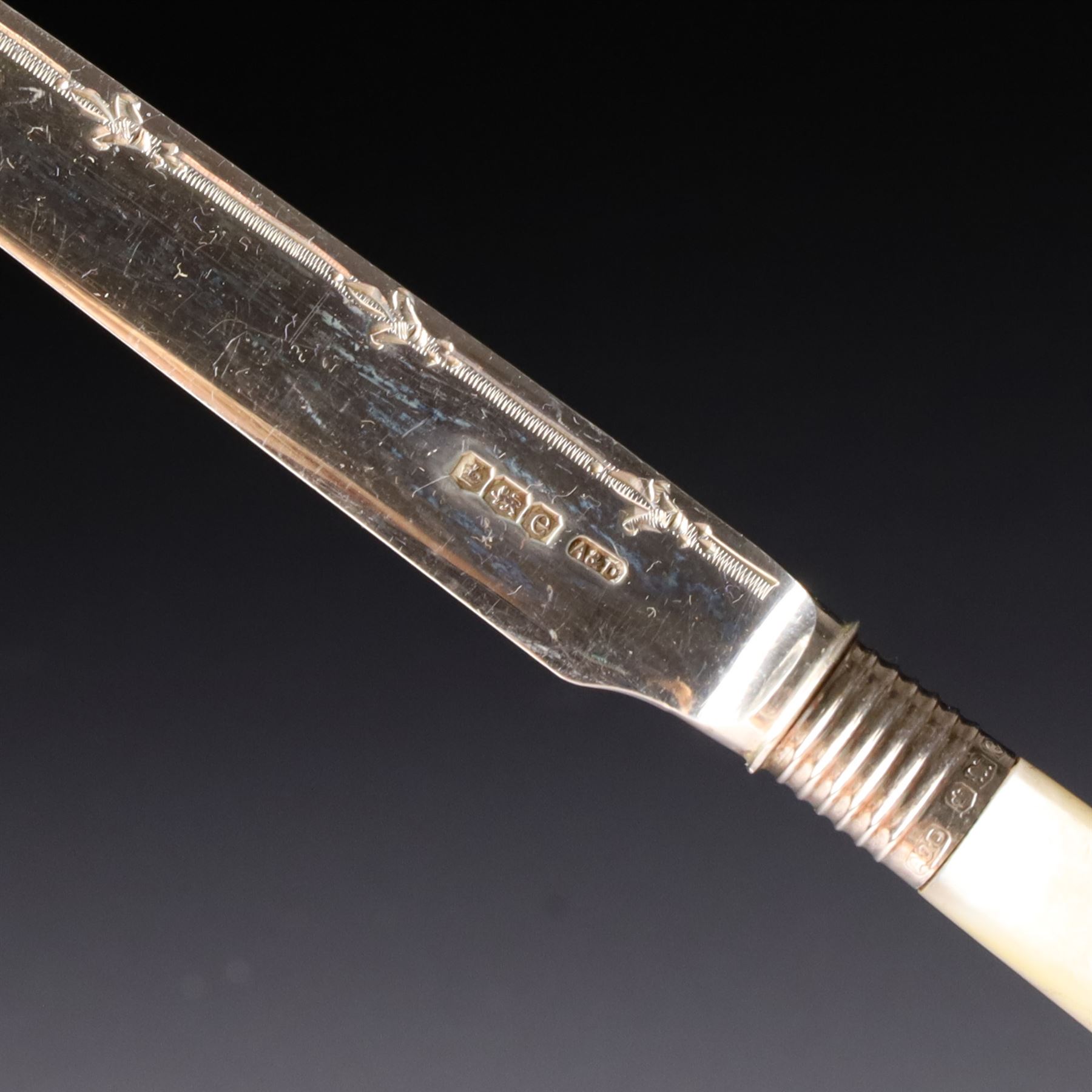 Set of twelve silver bladed fruit knives and forks with mother of pearl handles, the blades with engraved decoration, in oak case Sheffield 1920 Maker Allen & Darwin