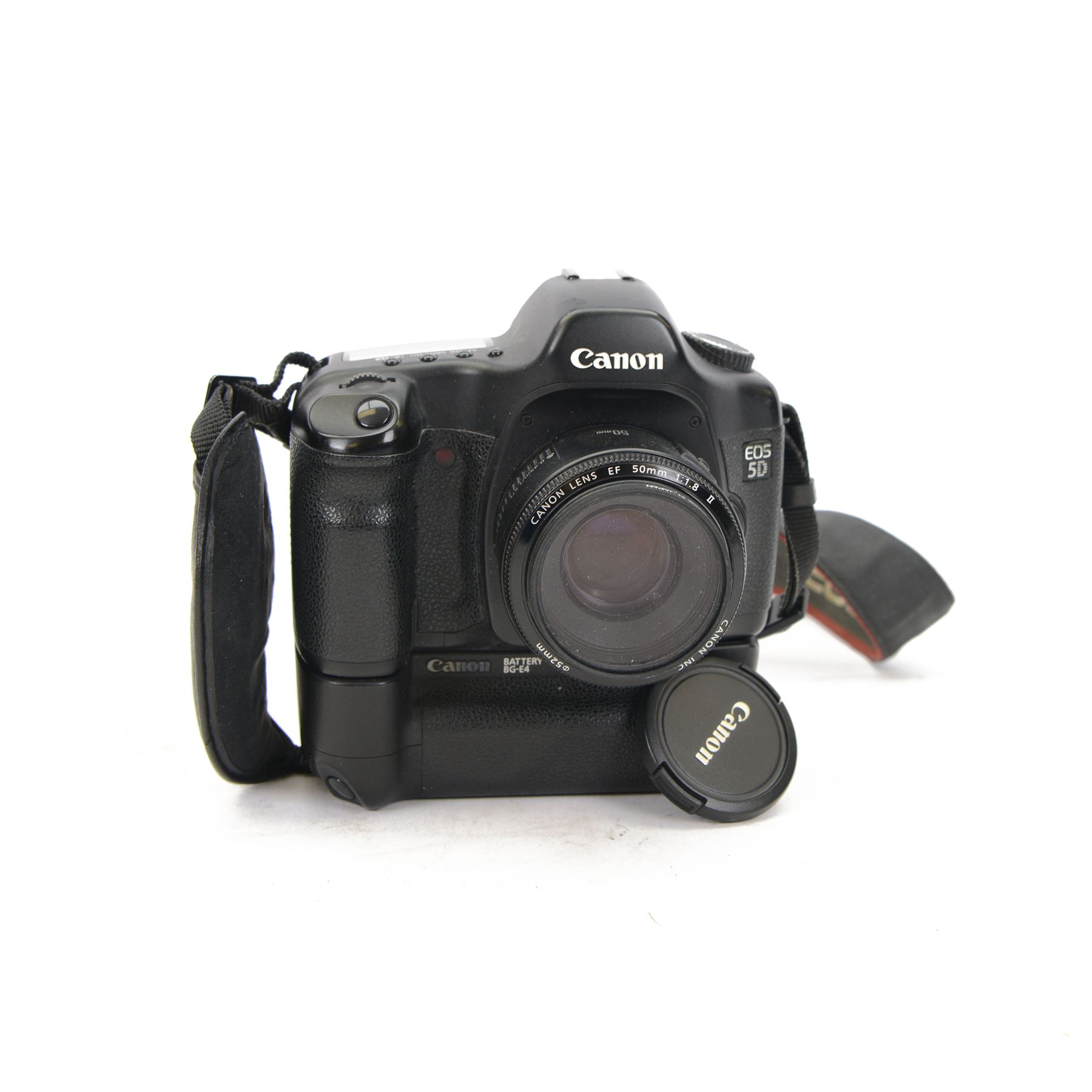 Canon EOS 5D camera body serial no. 0430100905, with shoulder strap, battery grip BG-E4 and Canon 50mm 1.1.8 EF lens serial no.31235679