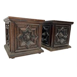 Pair late 20th century pine and hardwood cabinets, enclosed by single doors, each side decorated with deep geometric star mouldings and fitted with cast metal handles