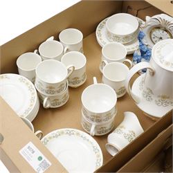 Portmerion Harvest Blue pattern plates, Paragon Fiona pattern tea service, a silver plated tea and coffee service, etc, contents in two boxes