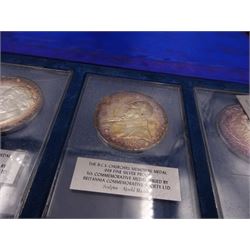 British Commemorative Society Ltd, set of six commemorative .999 fine silver proof medals, no. 1 to 6 , to include the William Medal, The Magna Carta Medal, The Lord Nelson Medal, The Canadian Centenary Medal, The Churchill Memorial Medal and The William Shakespeare Medal, each contained within clear perspex cases, in a silk lined fitted case