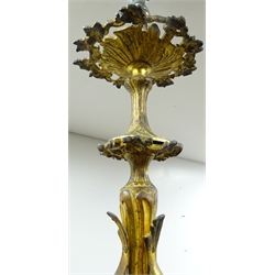  Late 19th century cast gilt metal and ormolu chandelier, the twelve acanthus scroll branches with urn shaped sconces and leaf drip pans, on shaped central support with foliate finial, H80cm, W62cm  