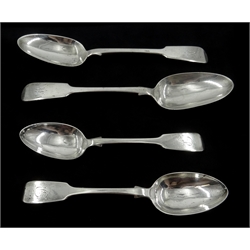  Pair of Victorian silver desert spoons fiddle pattern by Josiah Williams & Co, Exeter 1854 and two similar Victorian silver serving spoons by William Eaton, London 1841, approx 8oz  