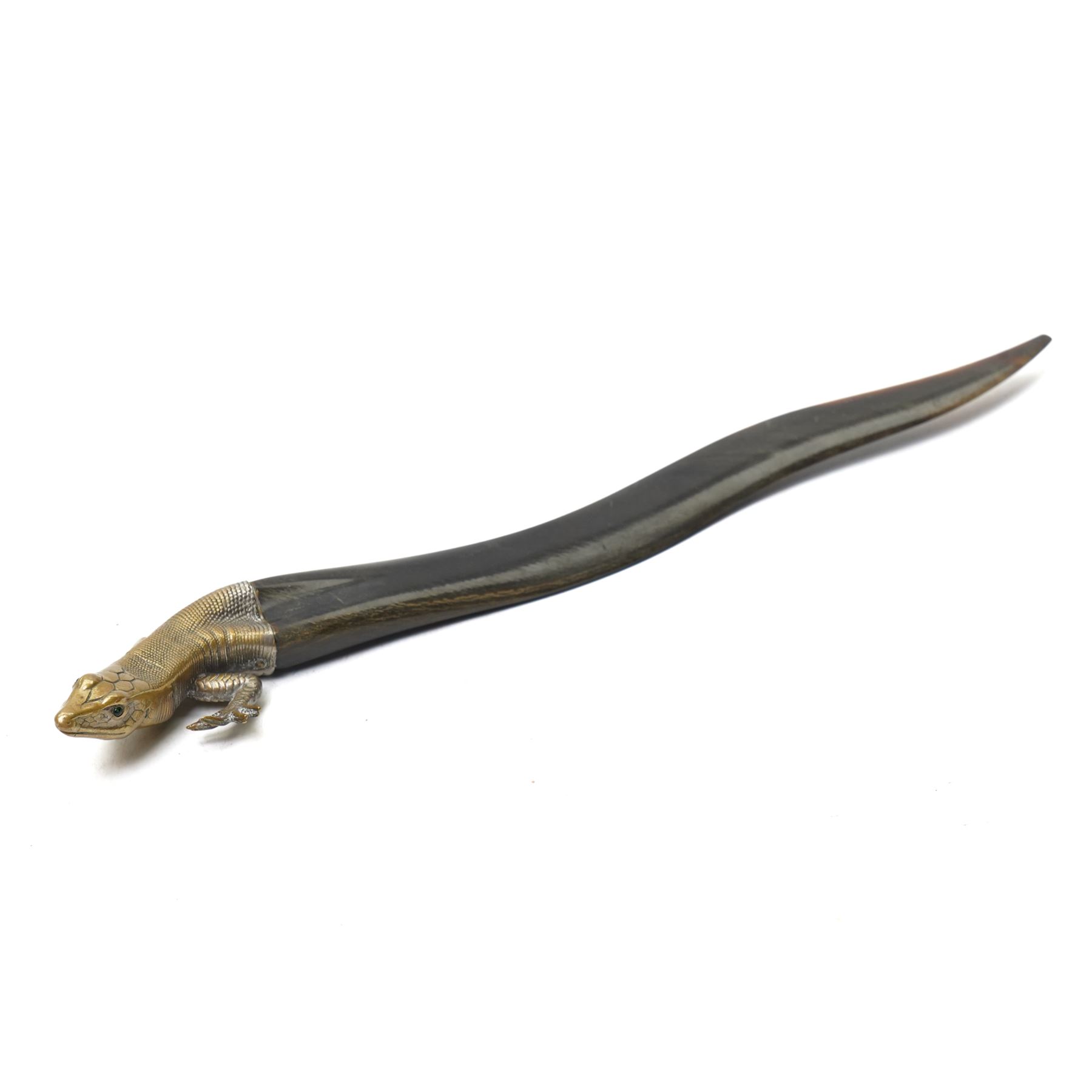 Brass and horn novelty letter opener, or paper knife, formed as a lizard with glass eyes, L25cm