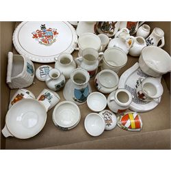 Collection of W H Goss crested ware, to include Yorkshire Roman Ewer, Scarborough ancient jug, salt and pepper shakers, Norwegian horse shaped beer bowl, The Old Horse Shoe, etc, together with five Shelley examples modelled as piano, boat, heart shaped box, etc, in two boxes 