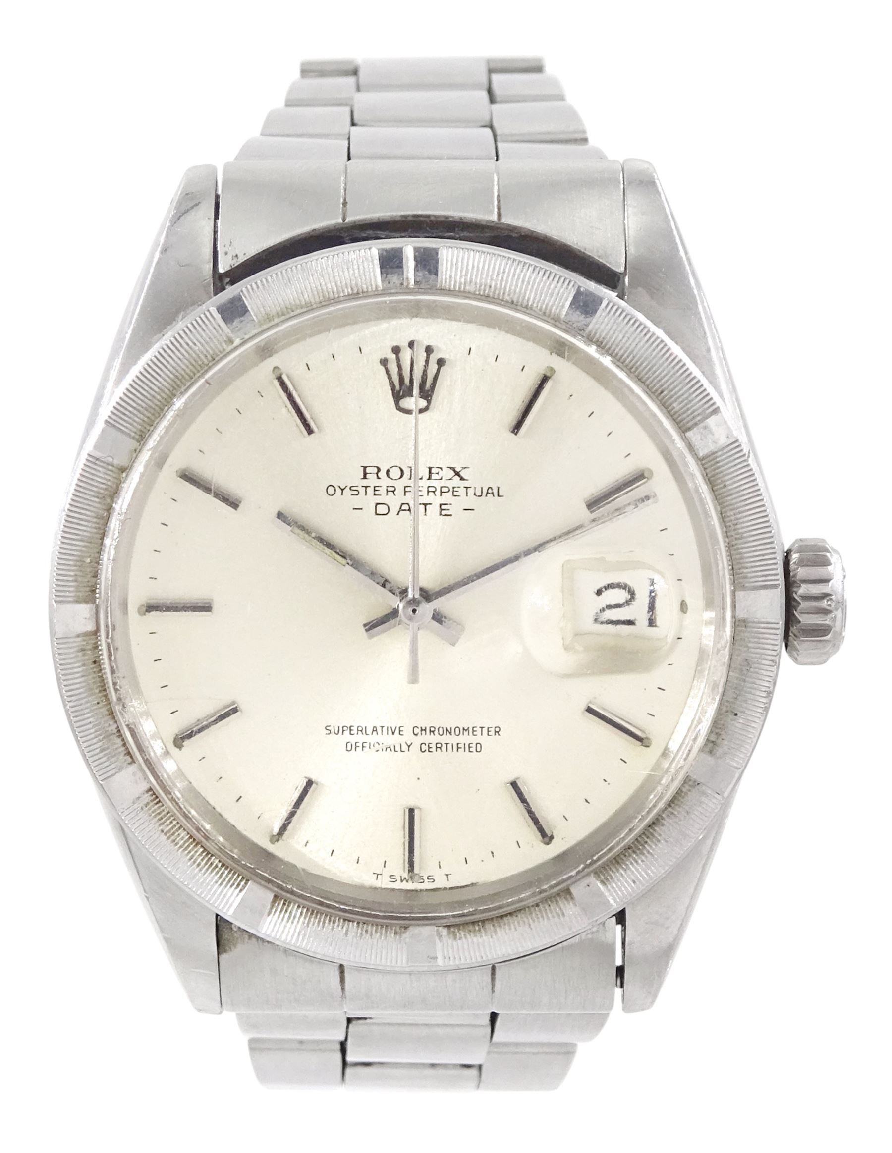 Rolex Oyster Perpetual Date gentleman's stainless steel automatic wristwatch, Ref. 1501, serial No. 2365486, circa 1970, silvered dial with baton hour markers, on stainless steel Oyster bracelet, with fold-over clasp